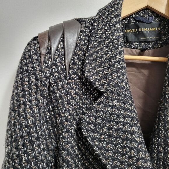 David Benjamin Vintage 80s Wool and Leather Double Breasted Tweed Coat Size 14 - Picture 3 of 10
